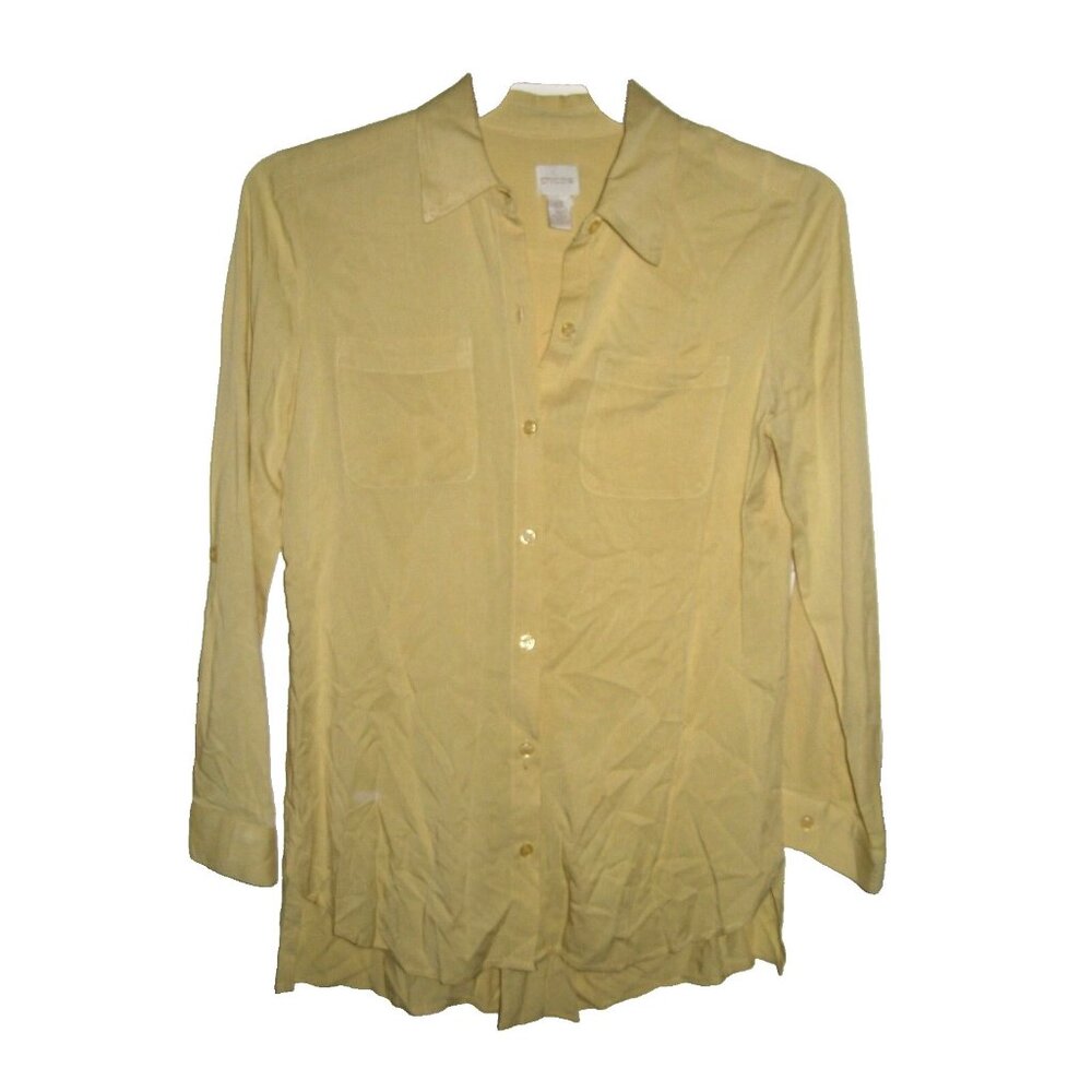 Chico's Yellow Button Front Long Sleeve Chest Pocket Top Size 0 S 4 *FLAW*